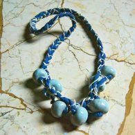 Blue cotton and grey clay beads necklace